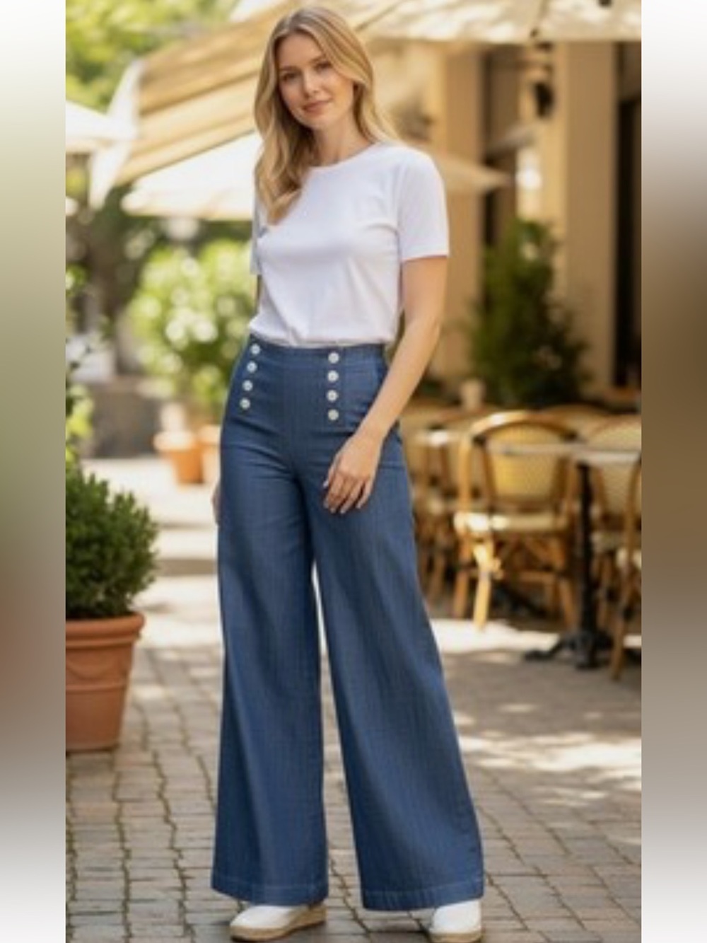 LOFT Mariner Navy Denim Wide-Leg Sailor Pants with Front Buttons